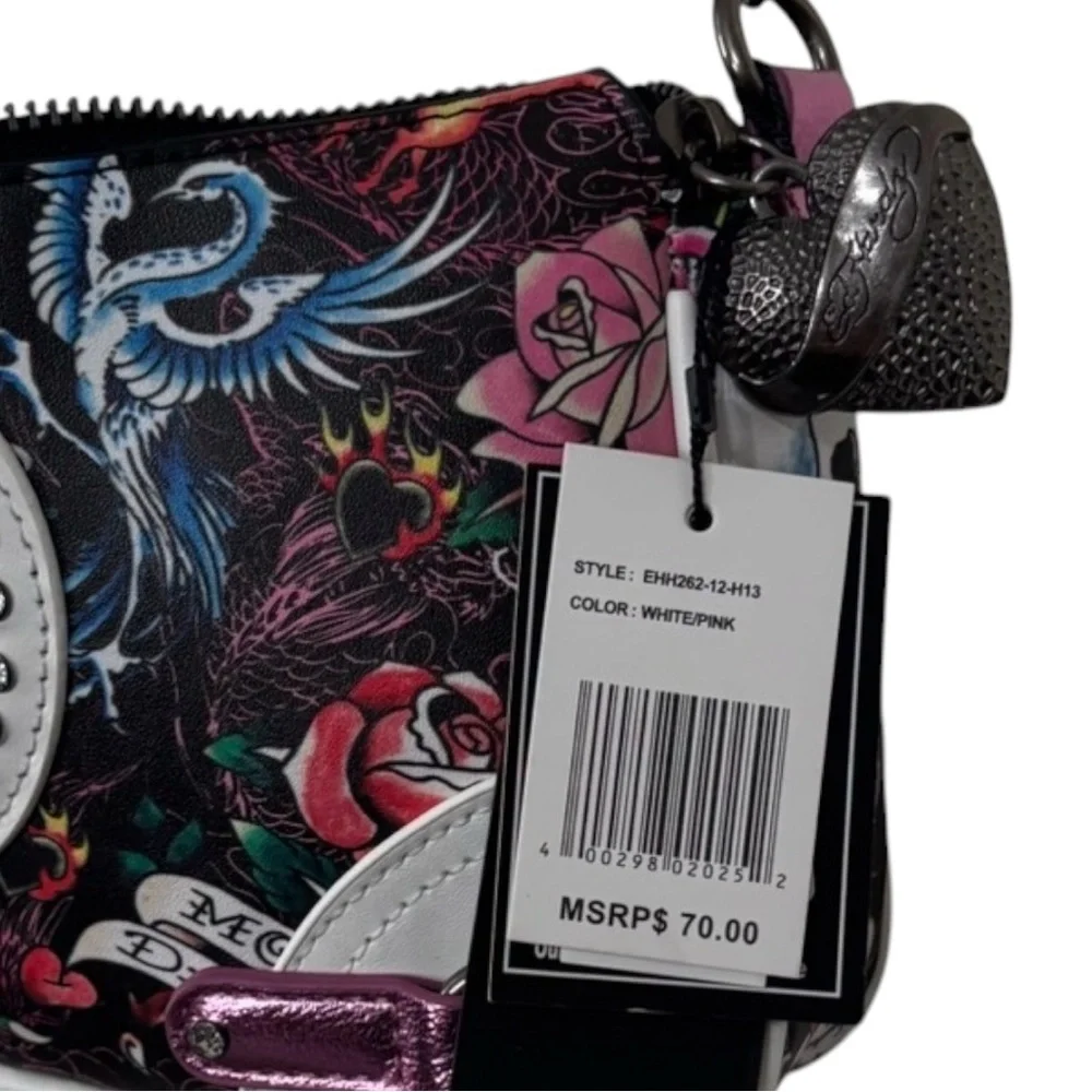 Ed Hardy Shoulder / Crossbody Bag Skull Rose Tattoo Print Rhinestone ms Y2K Punk